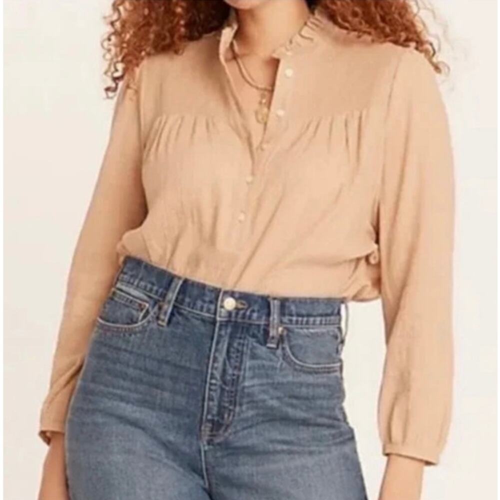 J.Crew Long Sleeve Smocked Gauze Long Sleeve Top in Camel Tan Size Medium